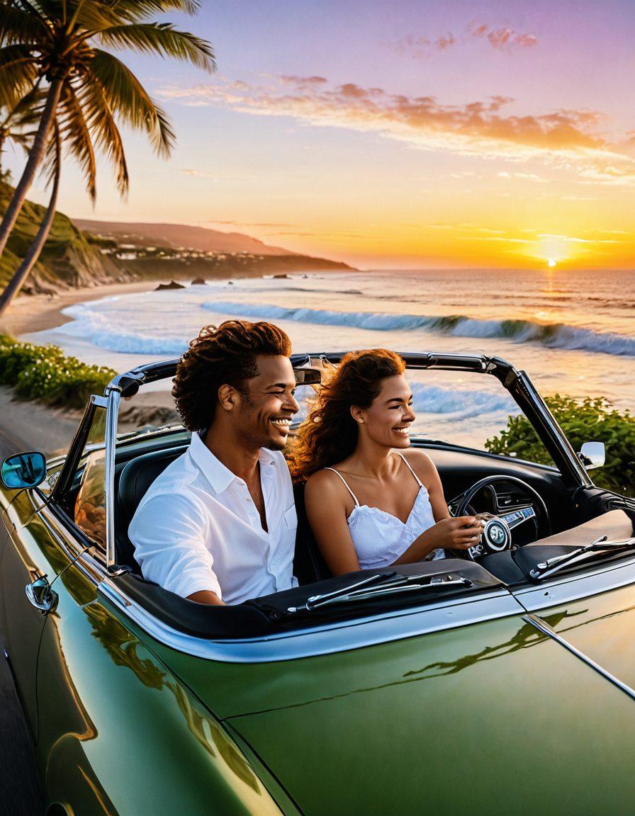 A couple joyfully riding a vintage convertible on a scenic coastal road during sunset, with the wind in their hair and smiles on their faces. Lush greenery and waves crashing in the background symbolize freedom and adventure. Incorporate romantic elements like floating hearts and soft glowing lights around them. Capture the essence of love and adventure. vibrant colors. super-realistic.