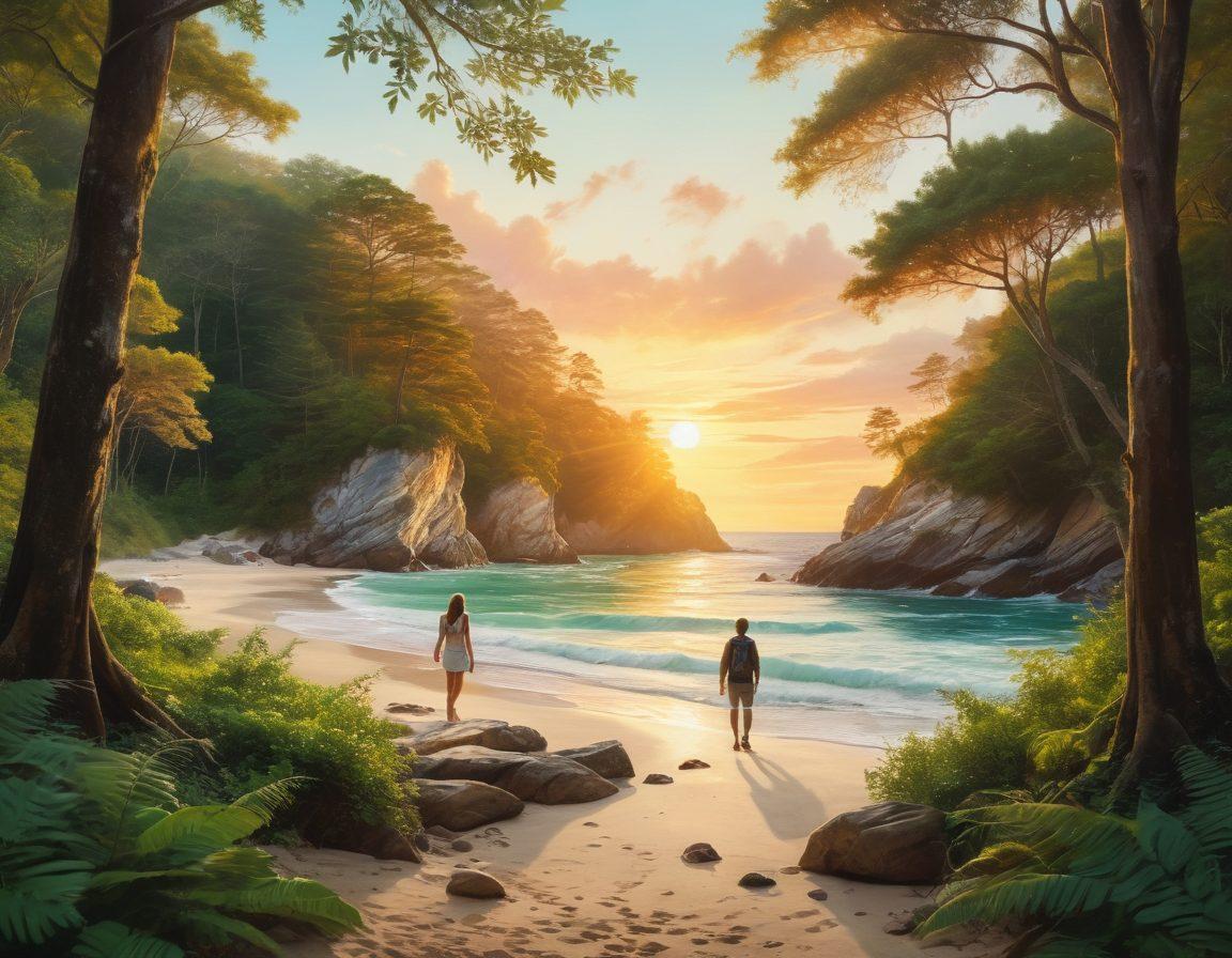 A collage showcasing a breathtaking outdoor adventure scene, like a couple hiking in a lush green forest, transitioning into a serene romantic getaway, with a cozy candlelit dinner by the beach at sunset. The atmosphere should evoke love and togetherness, capturing moments of joy and exploration. Add soft pastel colors for a dreamy effect. super-realistic. vibrant colors.