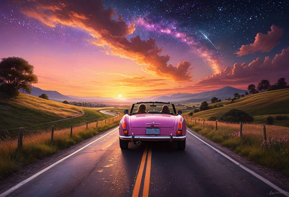 A romantic couple driving in a stylish convertible, embraced in a picturesque sunset landscape, their hearts intertwined symbolically with the vehicle. The scene should evoke feelings of warmth and intimacy, with a gentle breeze ruffling their hair. Include a winding road that leads to a horizon filled with glowing stars, representing love's journey. super-realistic. vibrant colors. dreamy atmosphere.